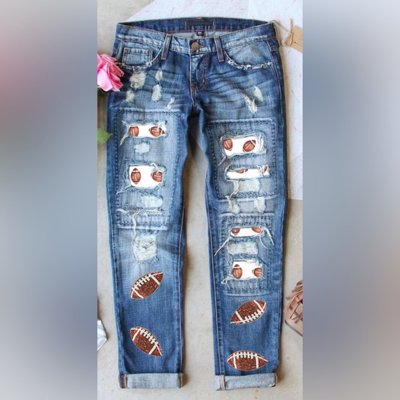 Sequin Distressed Football Patch Jeans - Picture 1 of 3